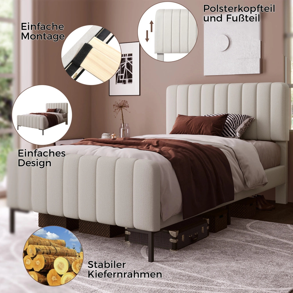 Letto imbottito 90 x 190 cm; letto singolo con rete a doghe; testiera regolabile; struttura in legno; rivestimento in lino; grigio-beige chiaro