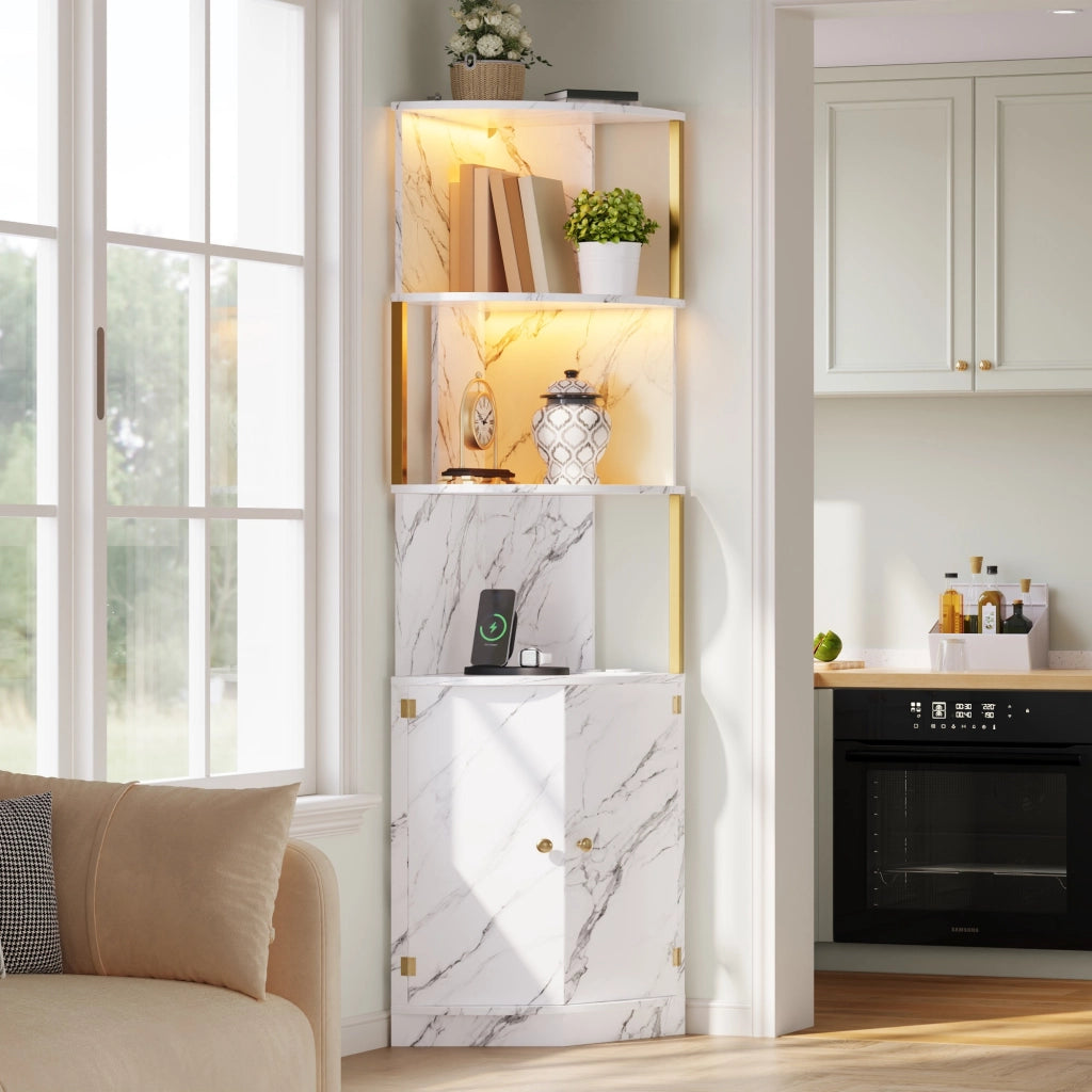 Mobile angolare con LED e prese elettriche; 38 x 38 x 180 cm; MDF bianco