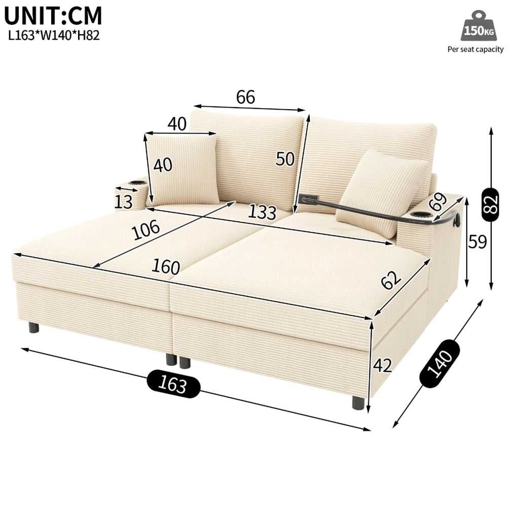 Divano letto doppio in velluto a coste beige con funzione sonno, porta cellulare rotante, porte USB e portabicchieri