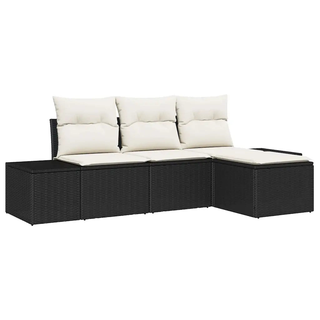 Set Divano da Giardino con cuscino 4 pz | Set Salotto da Giardino Nero polyrattan
