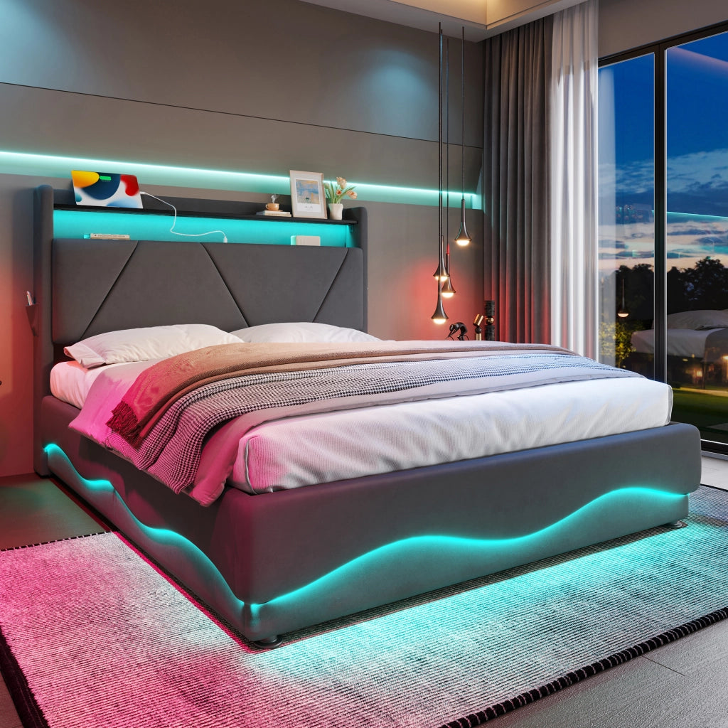 Letto contenitore 140 × 200 cm con testiera in velluto; LED; prese USB e Type-C; vano contenitore grigio scuro