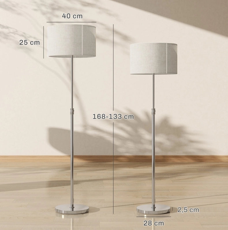 Lampada da terra regolabile con telecomando, paralume in tessuto beige, struttura in metallo, dimmer e interruttore a pedale