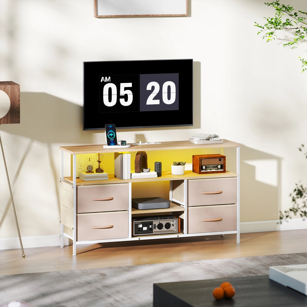 Mobile TV con Luci LED e Prese USB ¨C Minimal ¨C 120x30x67,5 cm Beige e Bianco