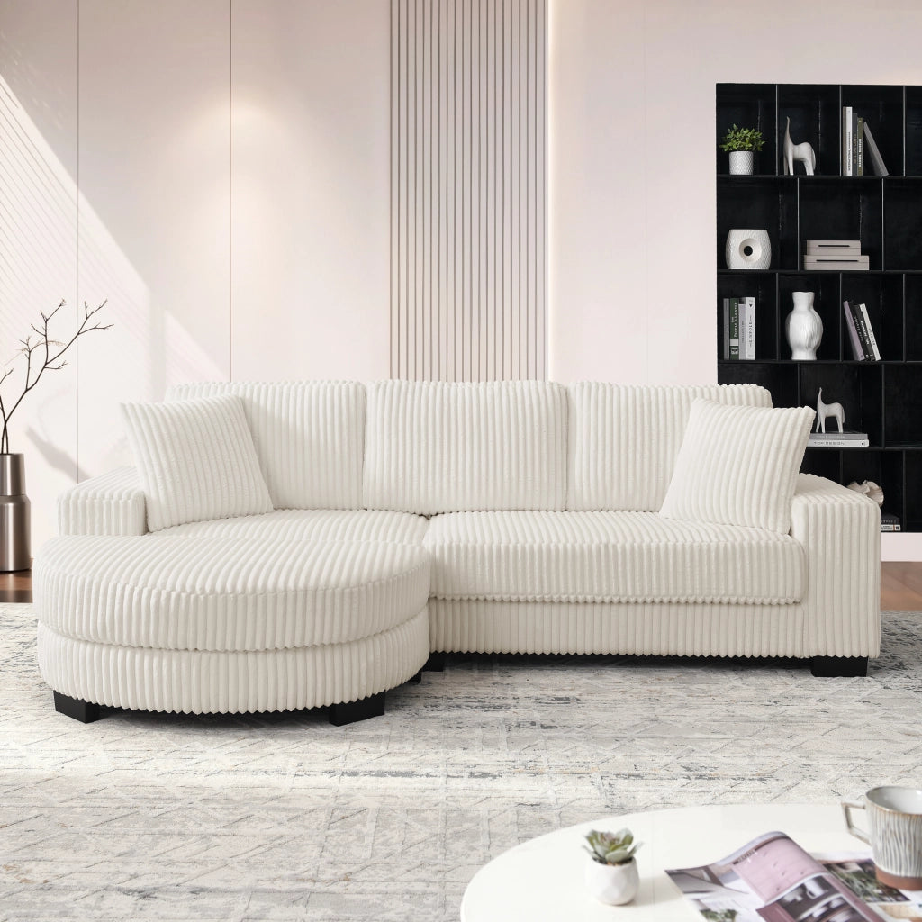 Divano angolare modulare da 256;5?x?133;5?x?89?cm 4 posti a coste; con pouf ovale e 2 cuscini incluso; velluto; bianco