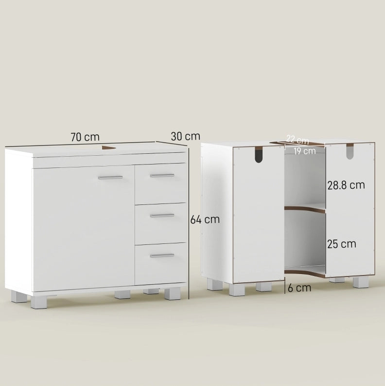 Mobile bagno bianco in MDF con ripiani, 3 cassetti e taglio a U per lavabo a colonna