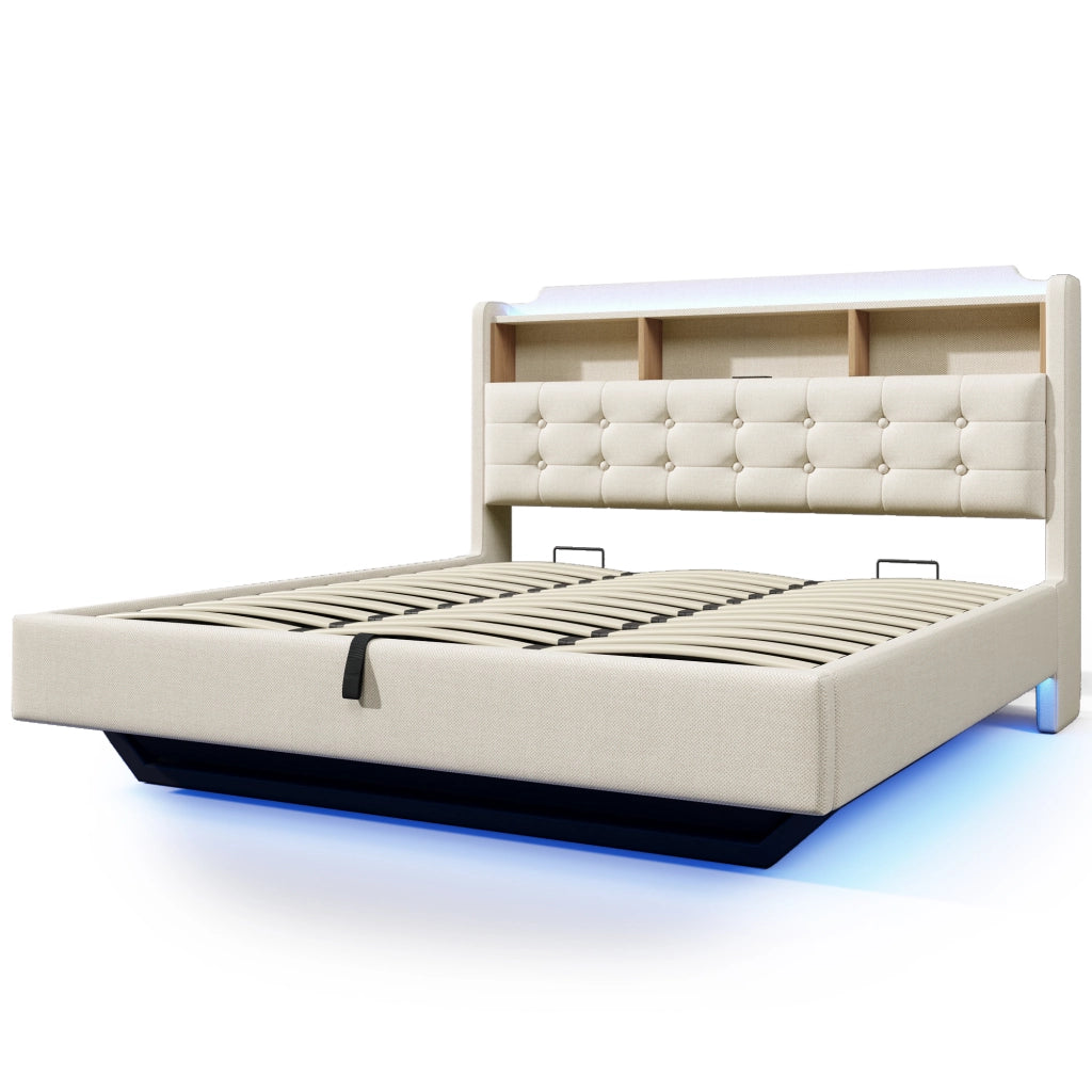 Letto matrimoniale 180 × 200 cm 2 posti con contenitore idraulico; LED; USB e Type-C; senza materasso; beige