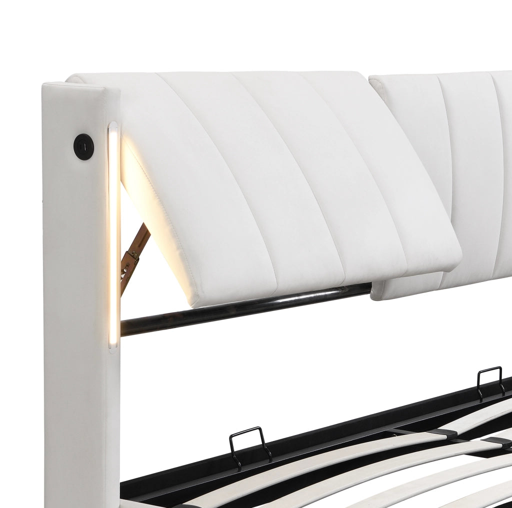 Letto matrimoniale contenitore 180x200 cm in PU bianco con LED e testiera regolabile HOMVRA