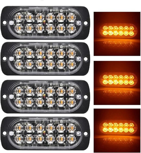 Fari LED Orangeni - 12V - 24V - 18 Patterni di luce - Fari di emergenza - Camion - Camioncistella - Autobus - Lavorare in sicurezza sulla strada - 4 pezzi