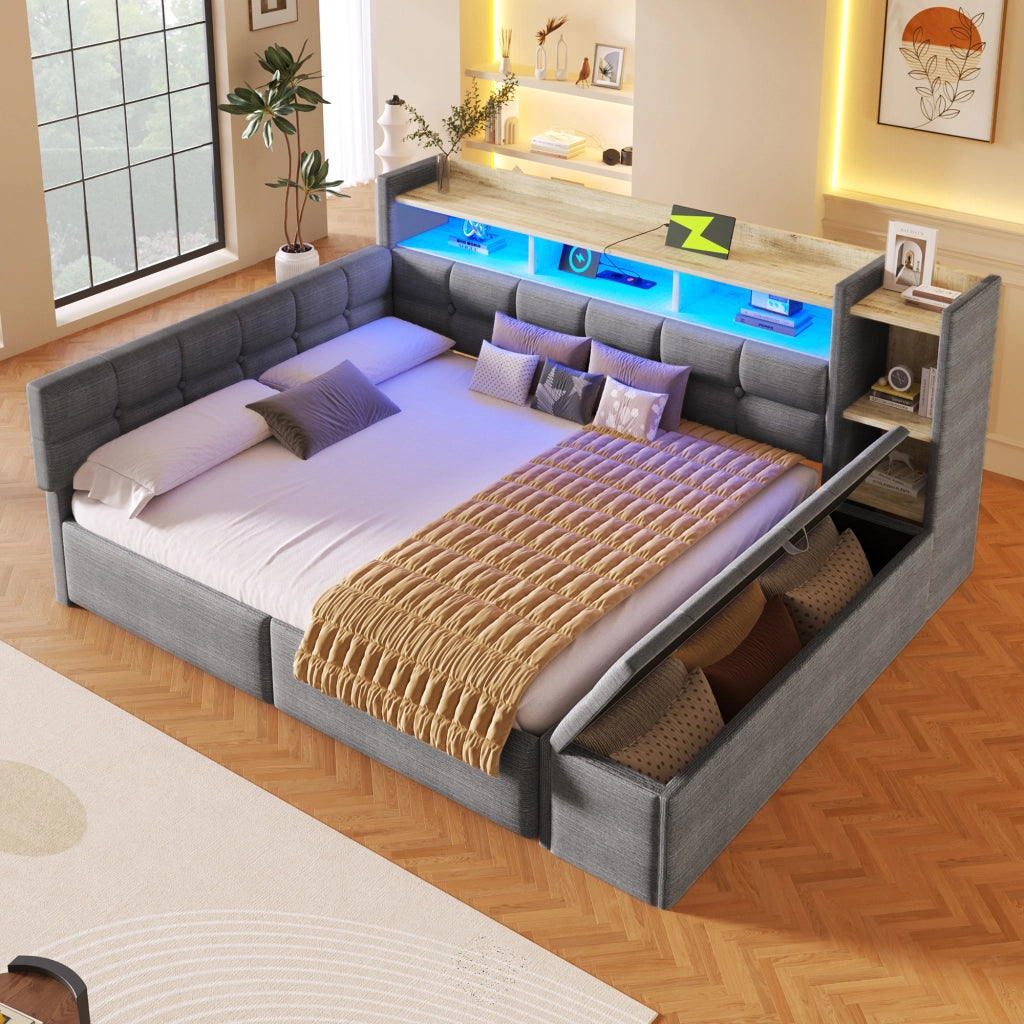 Divano letto 140 x 190 cm con LED e contenitori, USB/USB-C, letto imbottito in velluto grigio scuro con cassetti, ripiani e vani