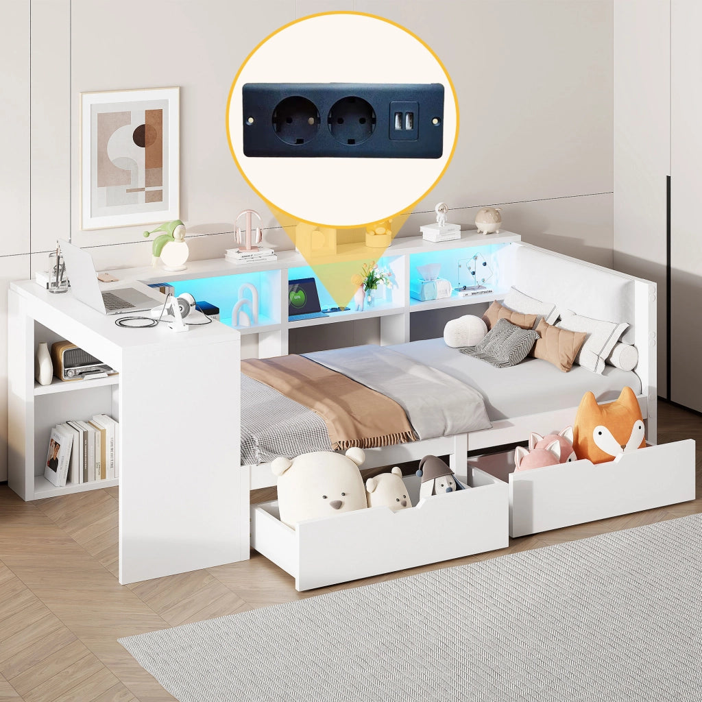 Letto Contenitore Imbottito 90x200 cm con Cassetti; LED; USB; Bianco