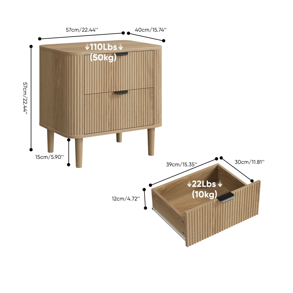 Comodino con 2 cassetti scanalati e guide metalliche, finitura rovere, per camera da letto e soggiorno, in MDF