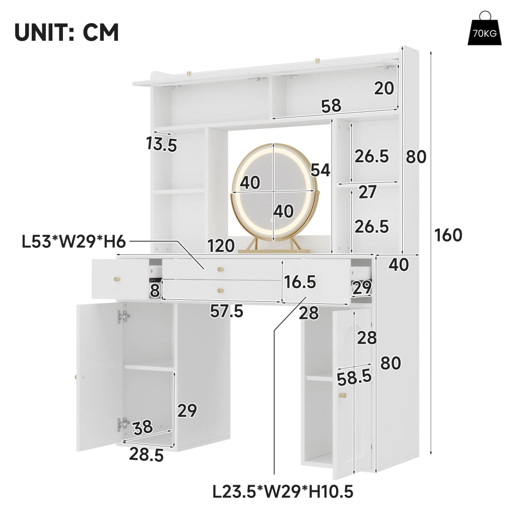 Tavolo da toeletta LED con 4 cassetti, 2 ante e ripiani aperti, per camera da letto, bianco, 120 × 40 × 160 cm