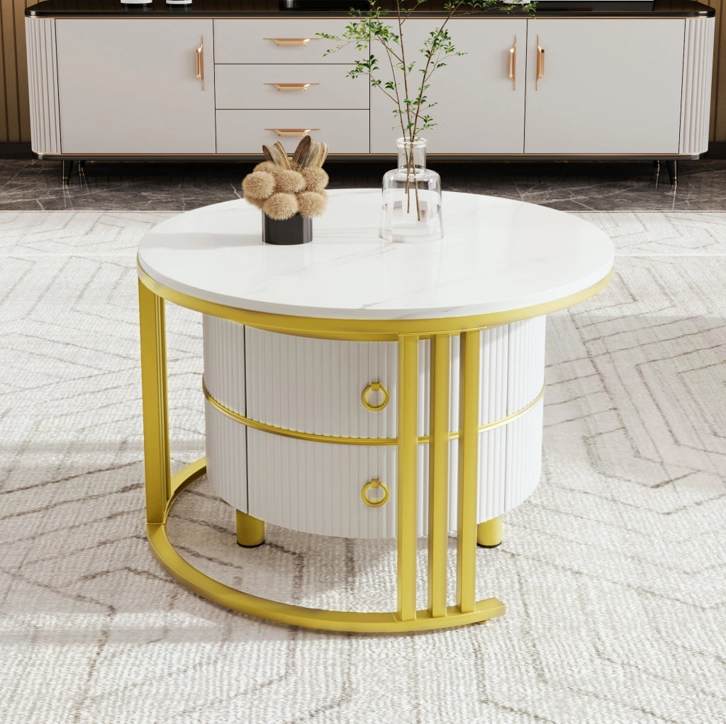 Set 2 Tavolini da Caffè Rotondi con Cassetti Bianco e Oro