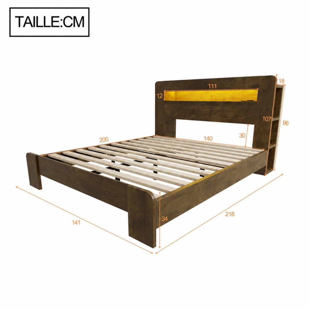 Letto matrimoniale ULEVR 140x200 cm con testiera contenitore, LED e prese integrate, finitura legno vintage
