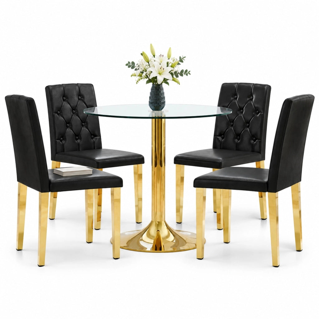 Set tavolo rotondo 85 cm vetro trasparente nero oro; 4 sedie imbottite