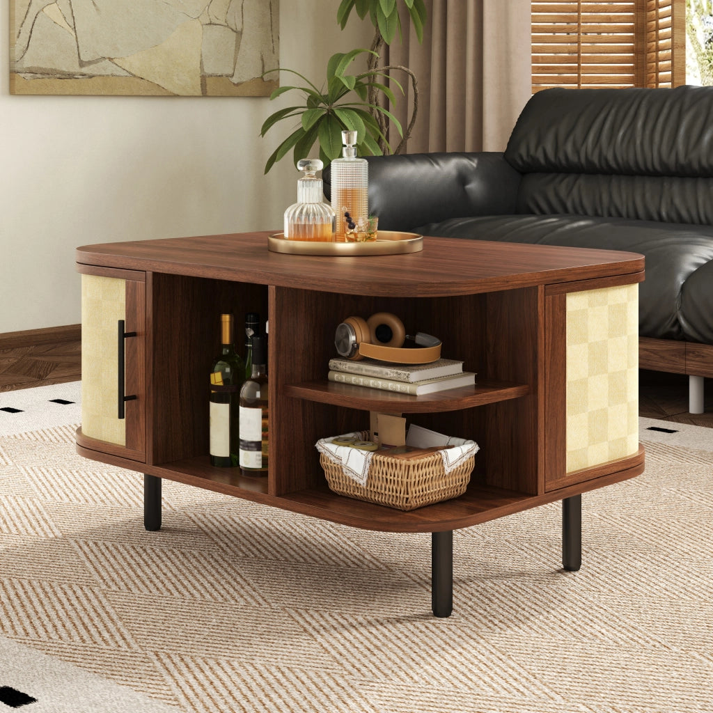 Tavolino da salotto con forma curva; vani aperti e ante intrecciate; MDF color noce 80x60x47 cm