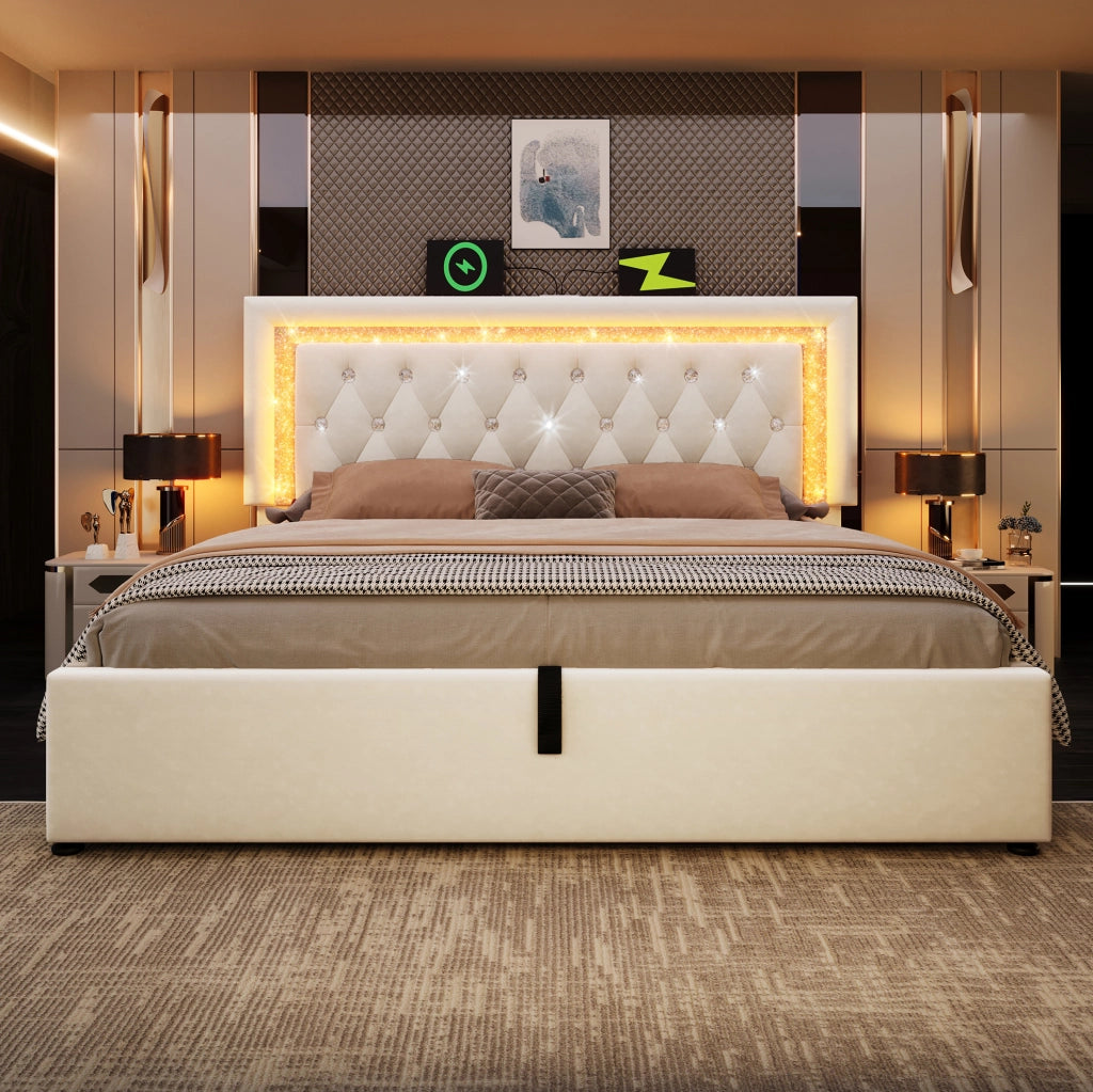 Letto imbottito 140x200 cm beige con materasso, LED, USB-C e contenitore