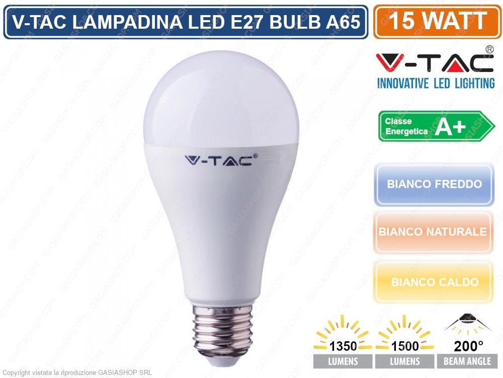 V-TAC VT-2015 LAMPADINA LED E27 15W BULB A65 - Colore Luce:Bianco Caldo