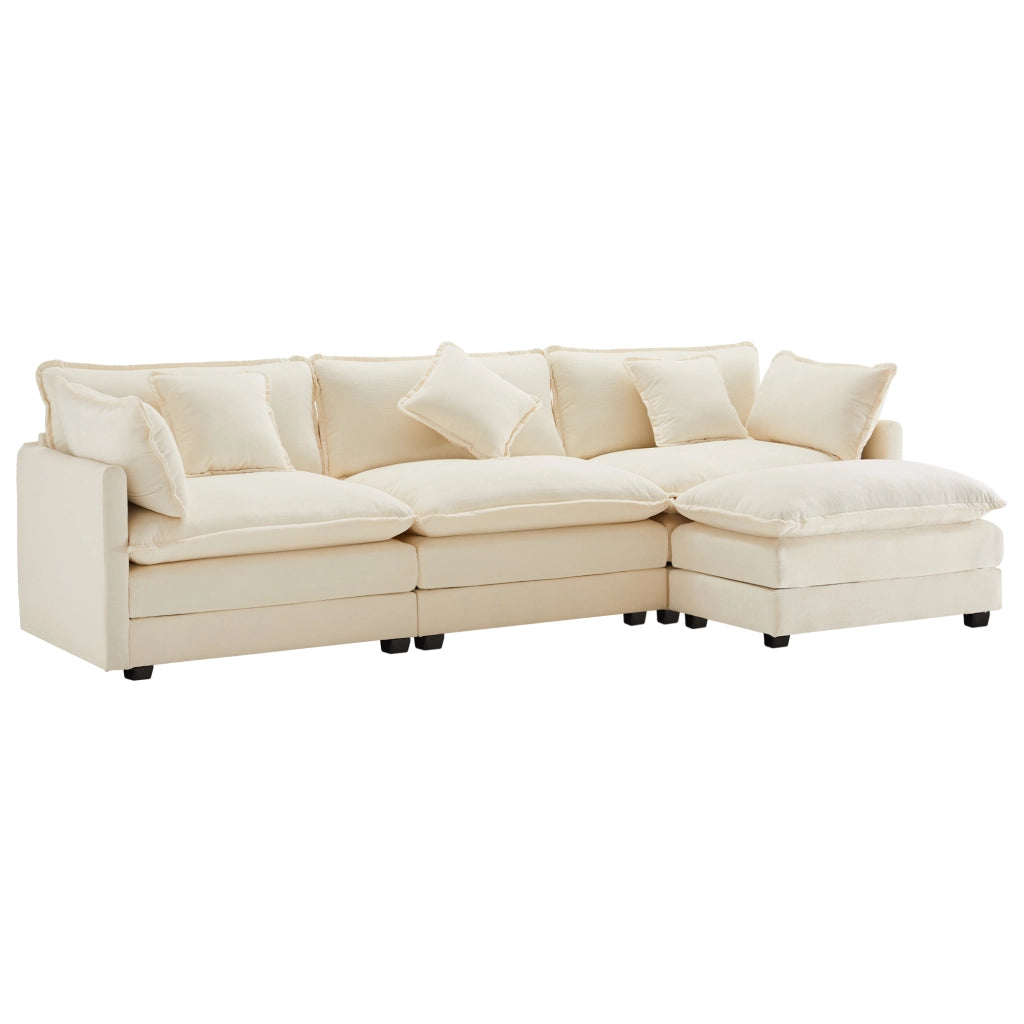 Divano angolare 3 sedili 283 x 147 x 84 cm; forma a L; poggiapiedi; tessuto ciniglia; beige