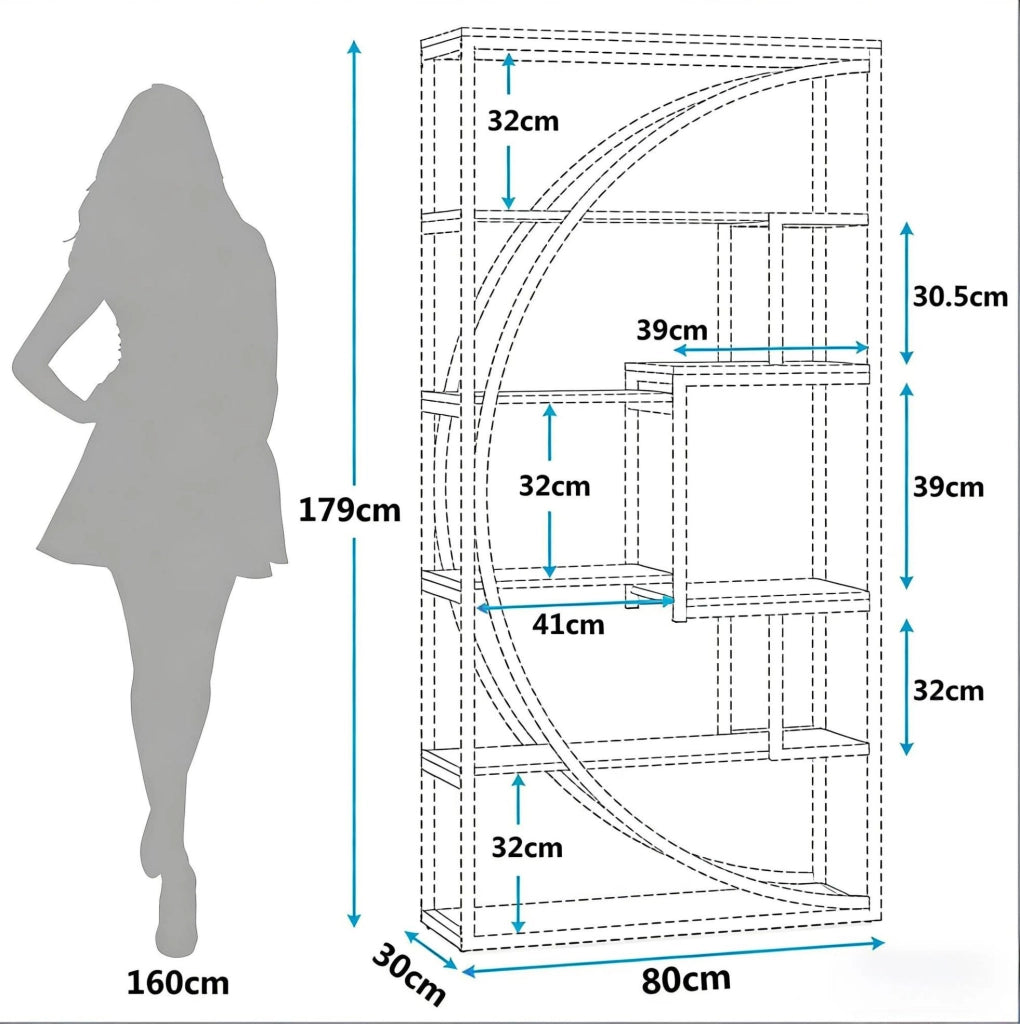 Libreria a 6 Ripiani con Design Geometrico Moderno in Metallo Nero e Legno, 80x35x179 cm