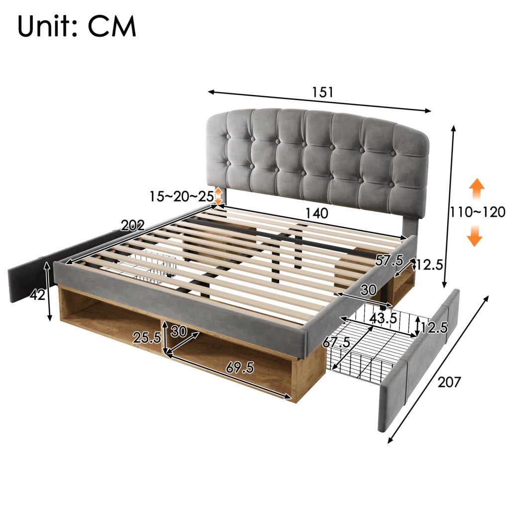Letto matrimoniale imbottito 140x200 cm in velluto grigio con testiera regolabile, rete a doghe e cassetti contenitori