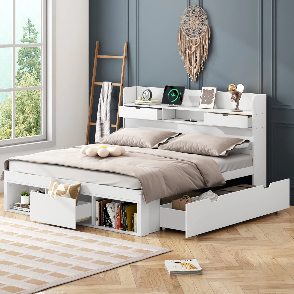Letto con cassetti 140 × 200 cm con armadi contenitori; prese USB e Type-C; in legno e MDF bianco