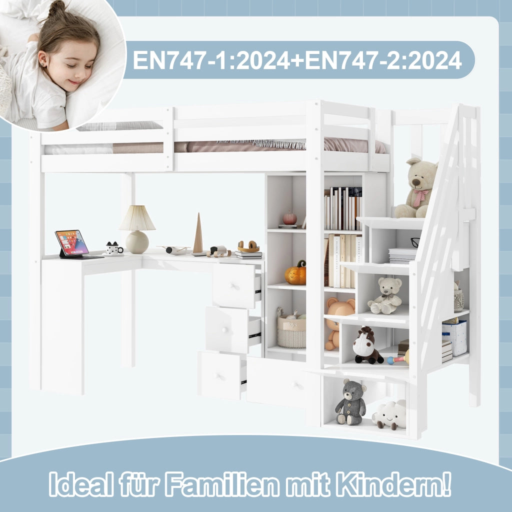 Letto a soppalco per bambini 90x200 cm con scrivania; cassetti e scaffali; bianco