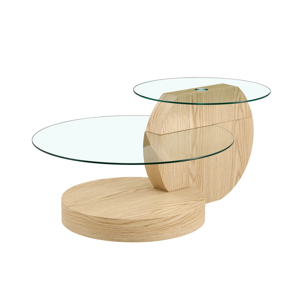 Tavolino da caffè a 2 livelli in MDF e vetro; Ø 50/70 cm; trasparente e effetto legno
