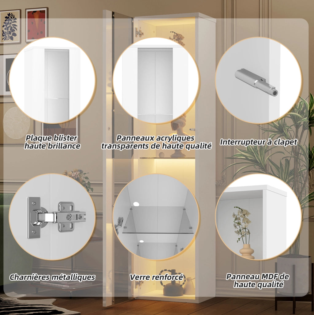 Vetrina 40x29x170 cm a 4 ripiani con LED multicolore controllato via app; bianca