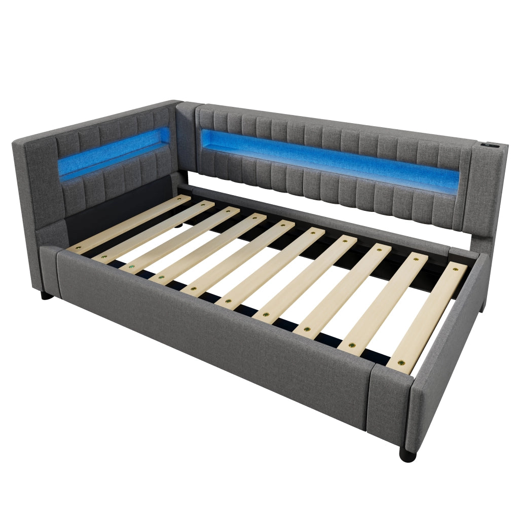 Letto salvaspazio singolo 90×200 cm con contenitore idraulico; LED; USB e Type-C; senza materasso; grigio