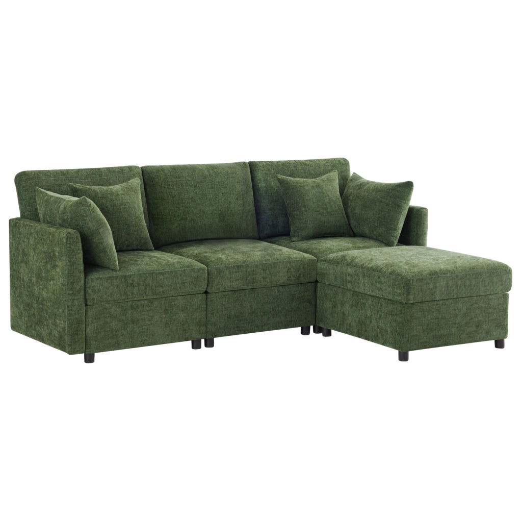 Divano angolare modulare a L con chaise longue e 4 cuscini in tessuto Chenille, 3 posti, colore verde, ideale per soggiorno e ufficio