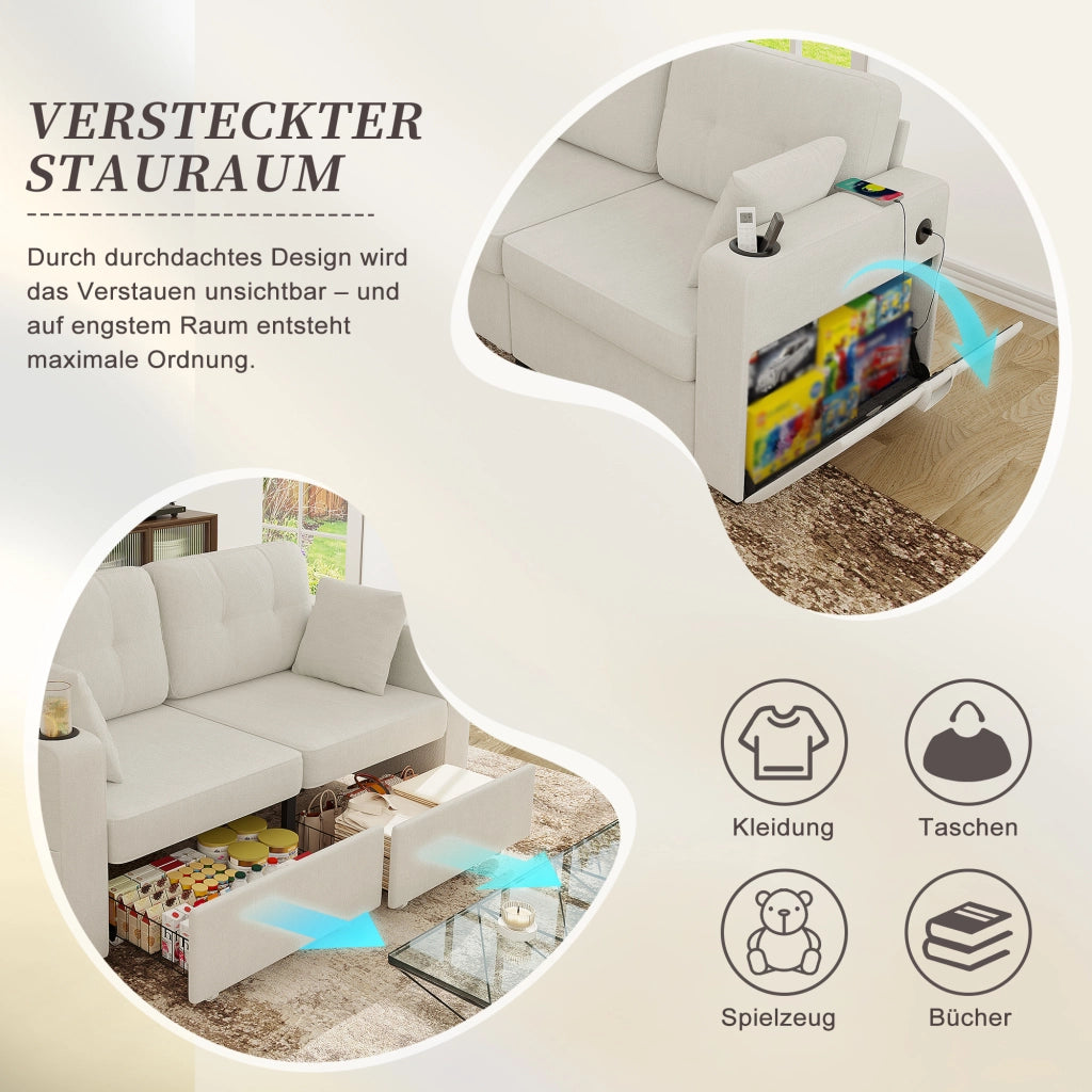 Divano a 2 posti con portabicchieri; vani laterali e USB - in chenille beige
