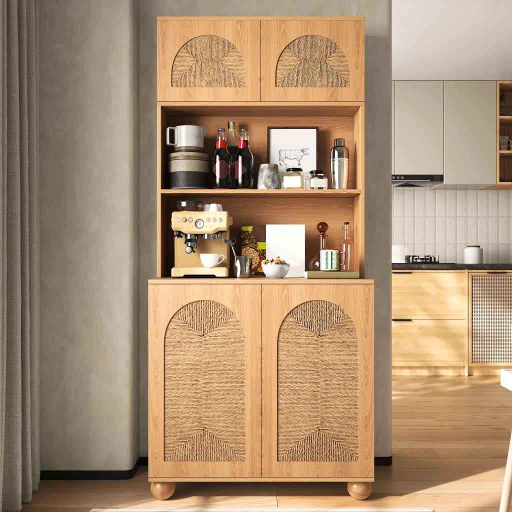 Mobile contenitore a tre sezioni con ante in intreccio ad arco e ripiano regolabile naturale 80 × 40 × 180 cm