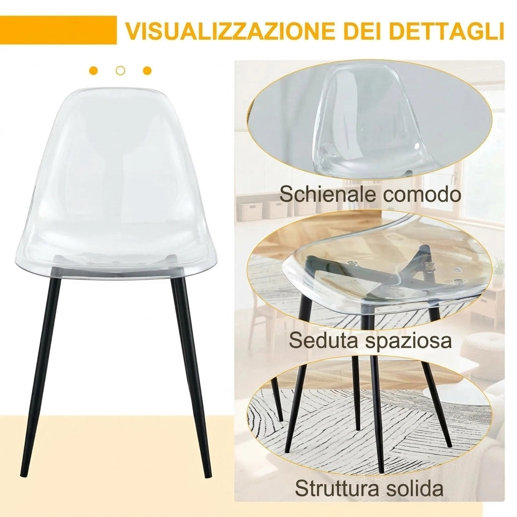 Set di 4 sedie da pranzo in plastica trasparente; 83 cm; design ergonomico con gambe in metallo nero