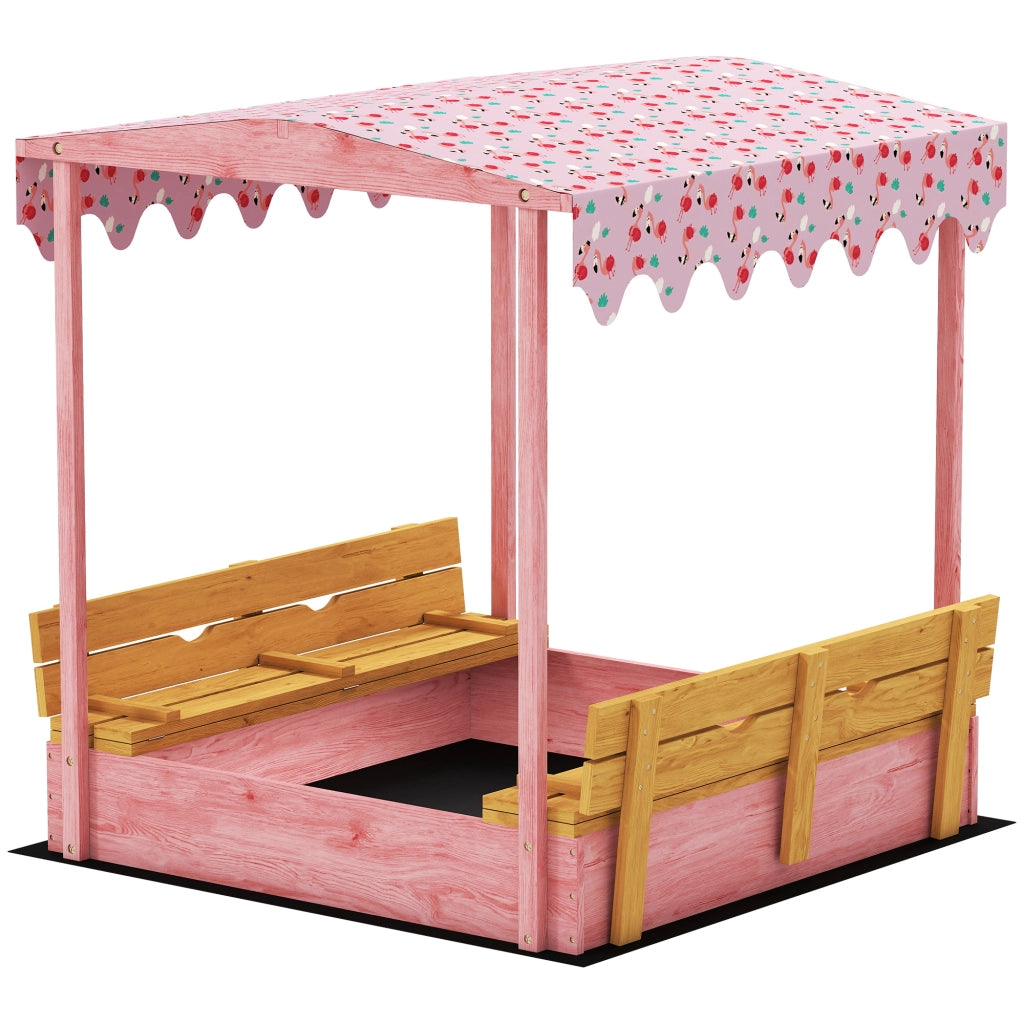 Sabbiera per Bambini 3-6 Anni con Tettuccio Fenicotteri,Sedute Pieghevoli,Coperchio e Fodera Inclusa,Sabbionaia per Bambini in Legno di Abete,134.5x127.5x130cm,Rosa