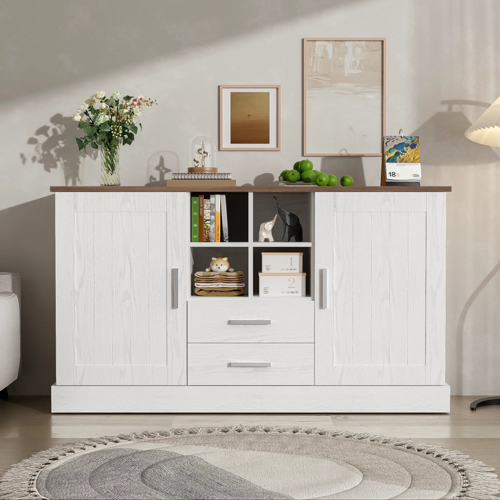 Credenza 2 ante 2 cassetti 4 vani aperti in pannello truciolare bianco e marrone effetto legno 140 × 40 × 79.5 cm