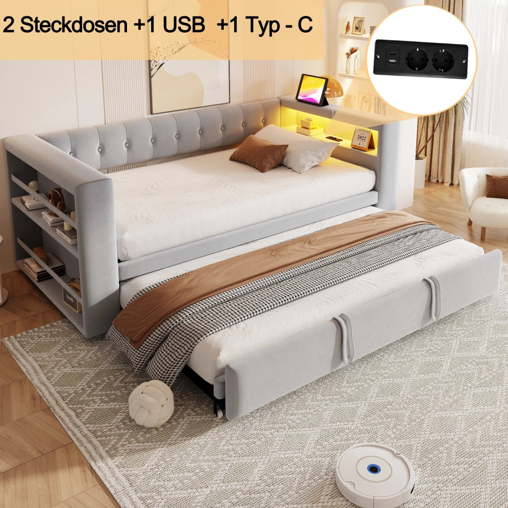 OKWISH Letto Divano 90×190 cm e 180×190 cm, Letto Singolo con LED Multicolore, Prese e Contenitori, senza Materasso, Grigio Chiaro