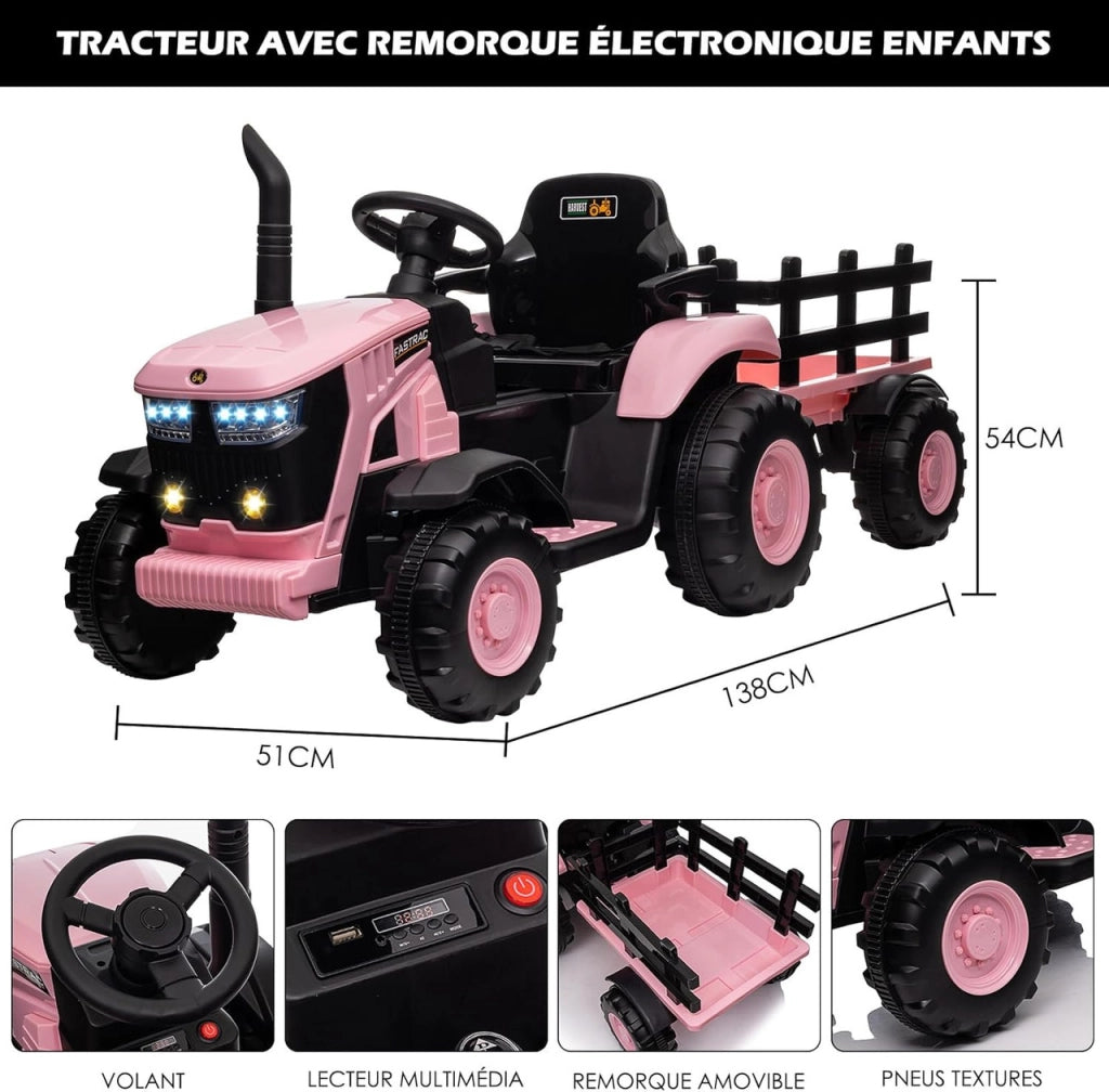 Trattore Elettrico per Bambini 12V con Rimorchio Rimovibile; 2 Motori 35W; Telecomando e LED; da 3 Anni