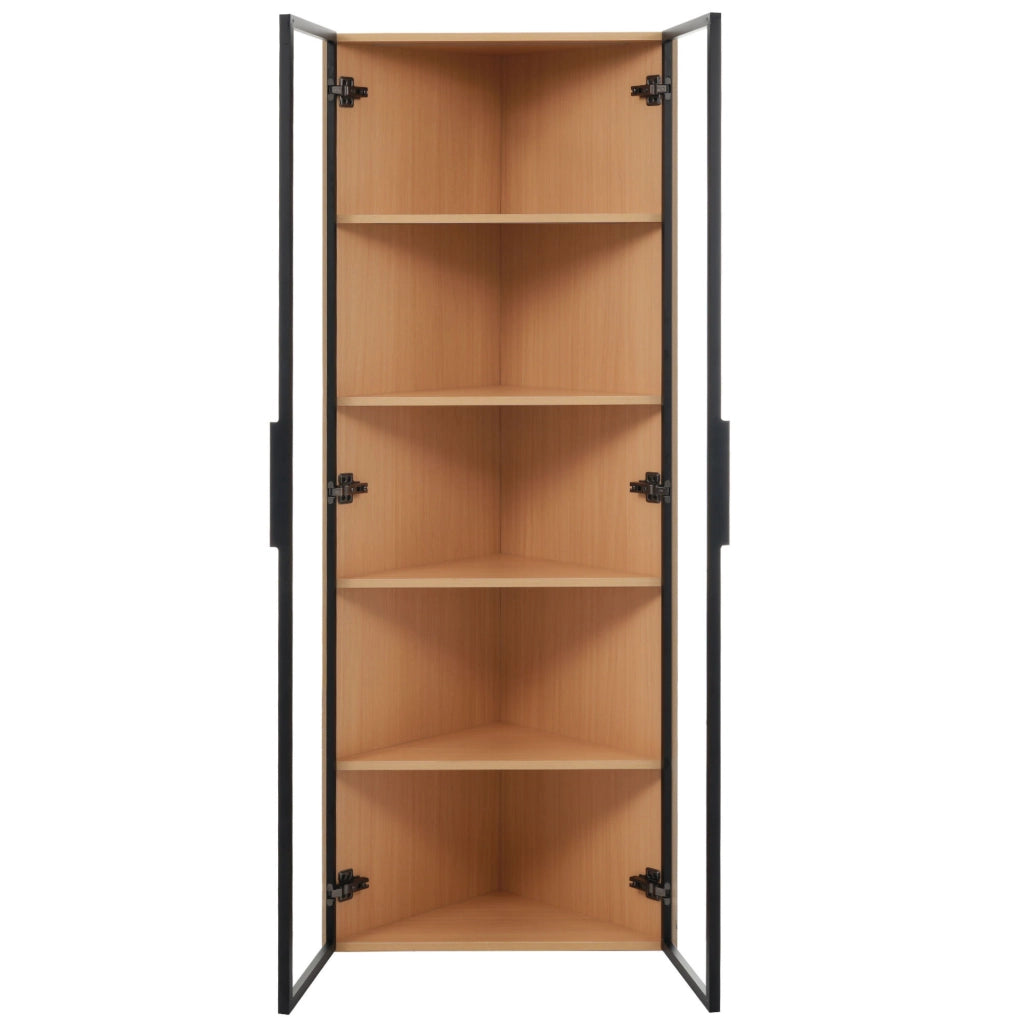 Vetrina angolare 62x35x160 cm con LED; vetro temperato e MDF effetto rovere