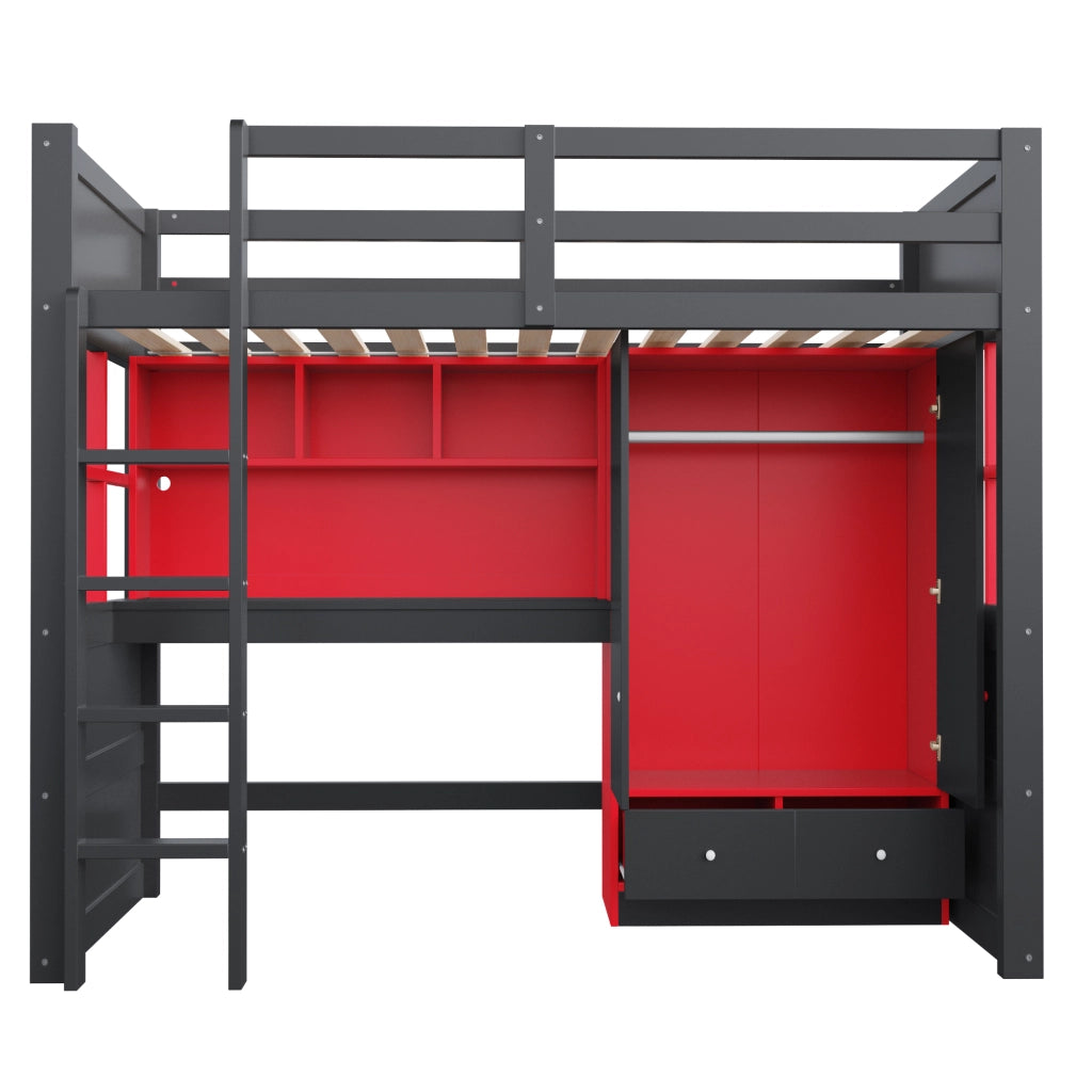 Letto a soppalco 90x200 cm gaming nero e rosso con scrivania; armadio e cassetti