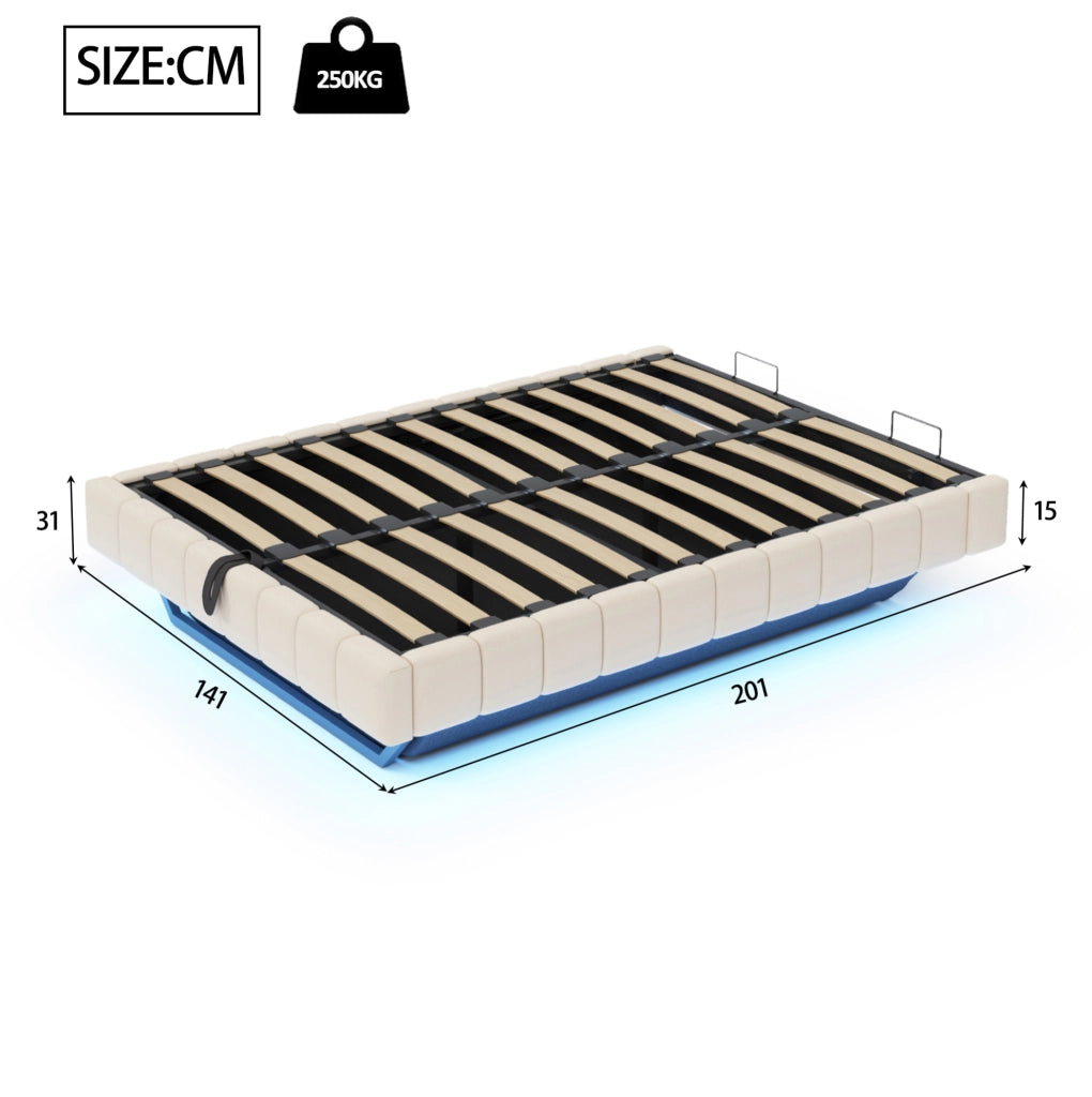 Letto imbottito 140x200 cm con contenitore; LED regolabile e struttura effetto sospeso beige