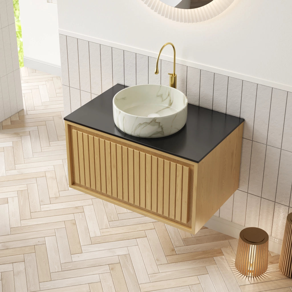 Mobiletto con lavabo sospeso con cassetto e piano in pietra sinterizzata nero 76 × 48 × 53.1 cm