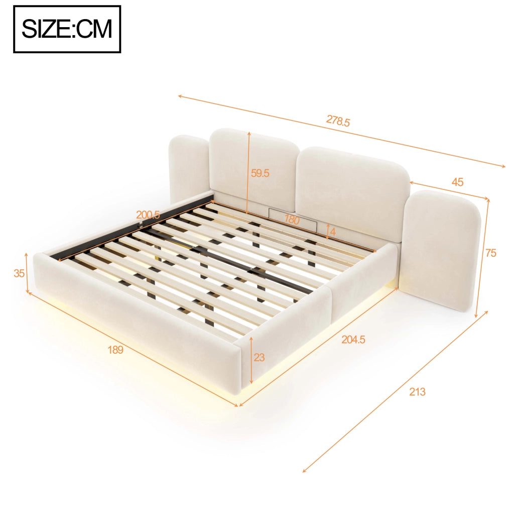 Letto matrimoniale contenitore 180x200 cm in velluto beige con LED RGB e prese USB-C HOMVRA
