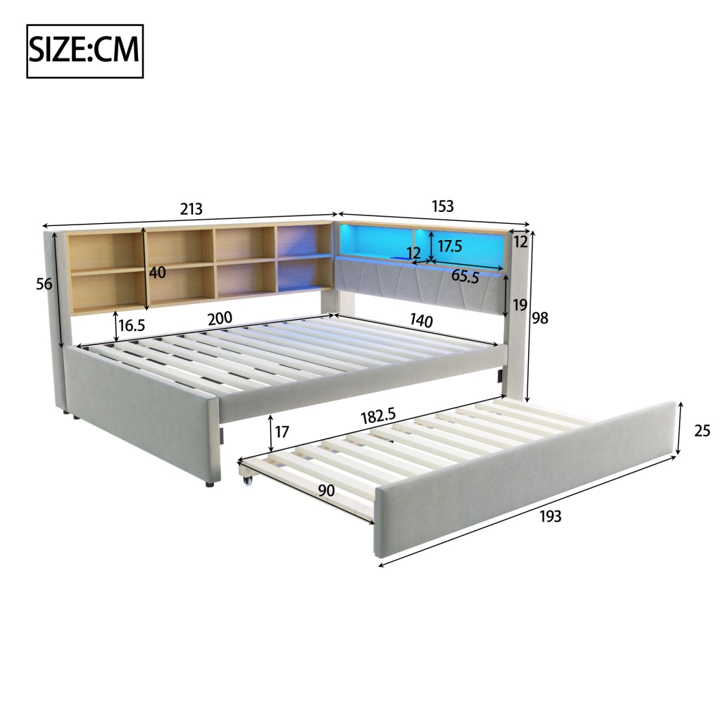 Letto con letto estraibile 140 × 200 cm con letto aggiuntivo 90 × 190 cm LED porte USB e vani grigio chiaro