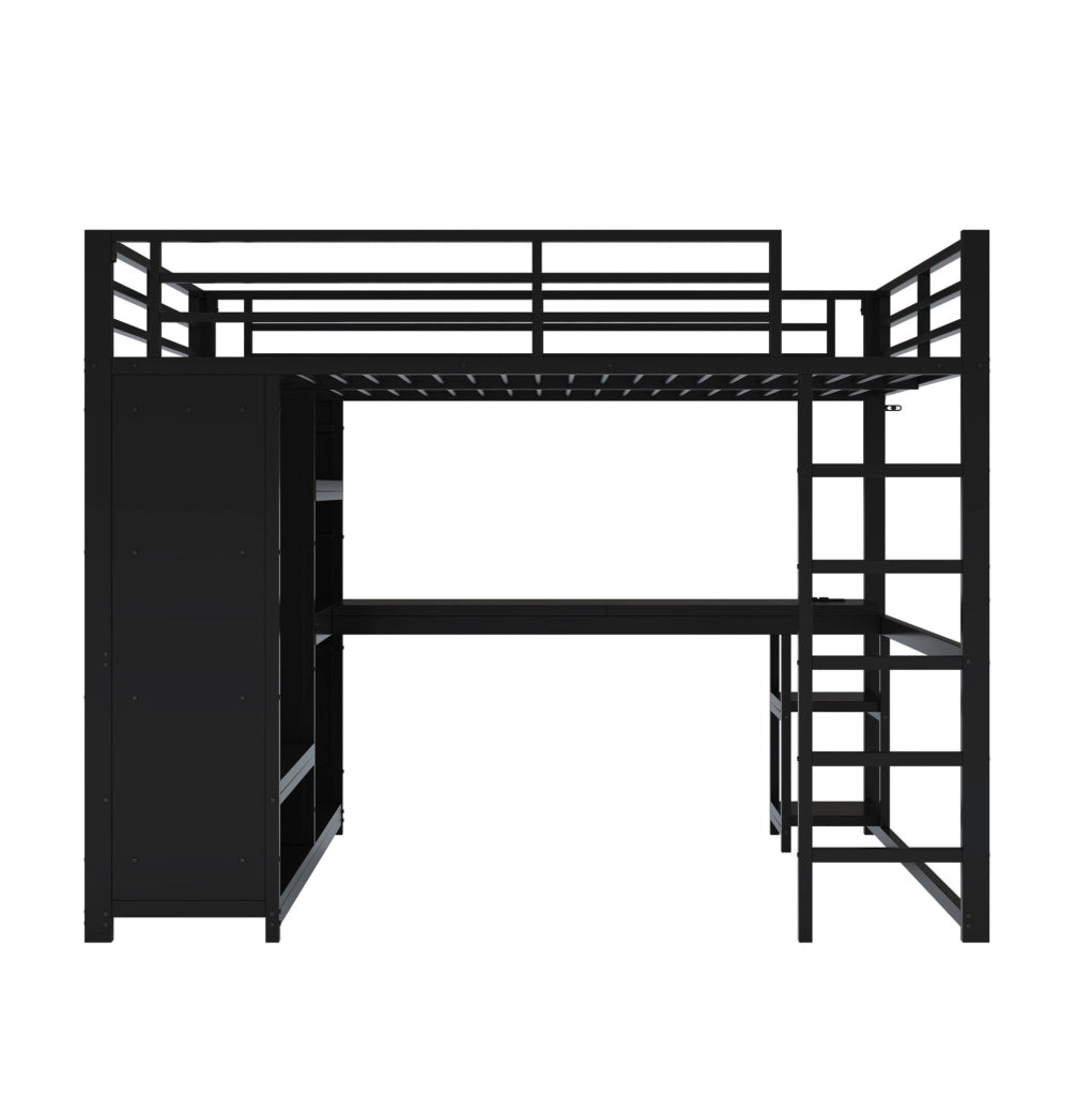 Letto a soppalco in metallo 160x200 cm con scrivania, LED e armadio aperto nero