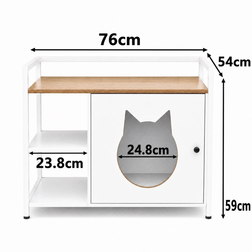 Mobile per lettiera gatto bianco e rovere chiaro in MDF e metallo, con 2 ripiani