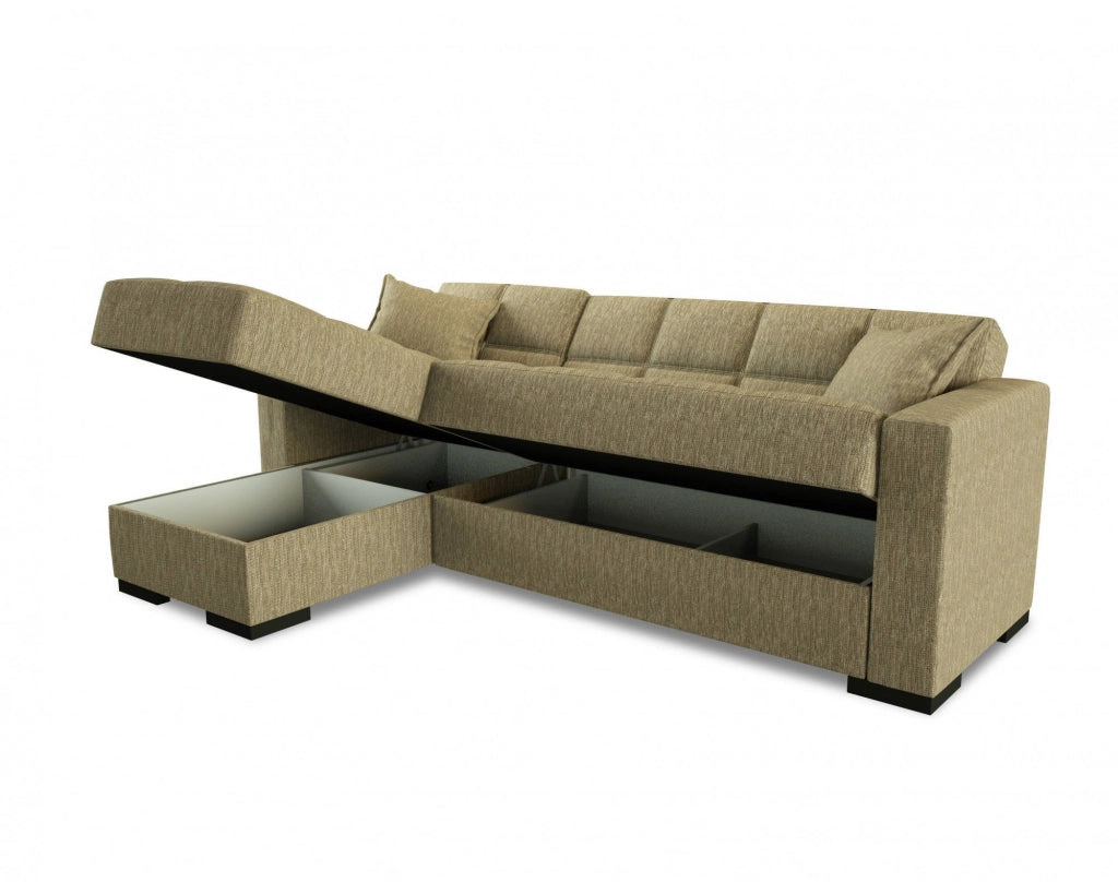 Divano letto Armadillo, Divano letto ad angolo con penisola reversibile, Sofà\  contenitore da soggiorno con chaislongue e 2 cuscini, Cm 230x150h81, Beige