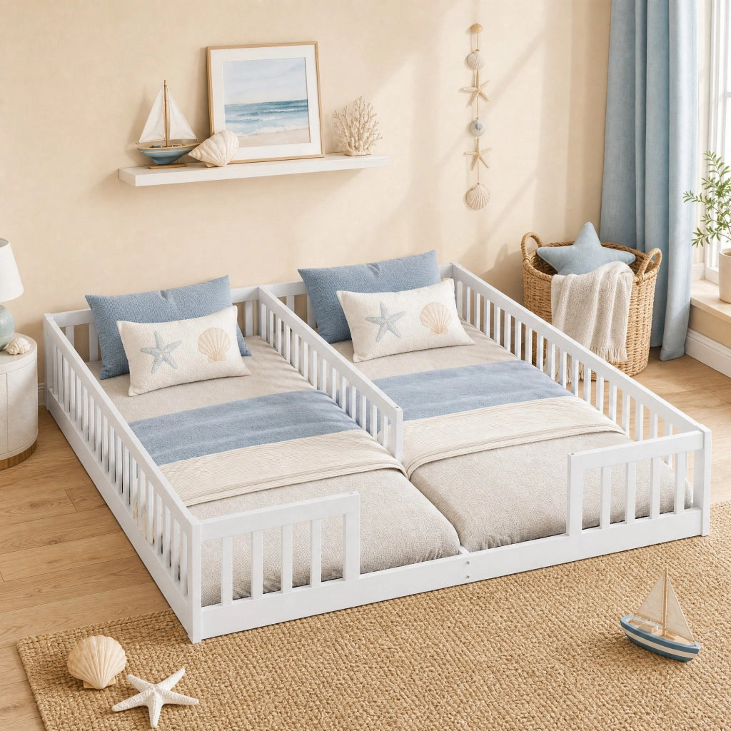 Letto per bambini doppio 90 × 200 cm con sponde di sicurezza in pino e MDF bianco senza rete né materassi