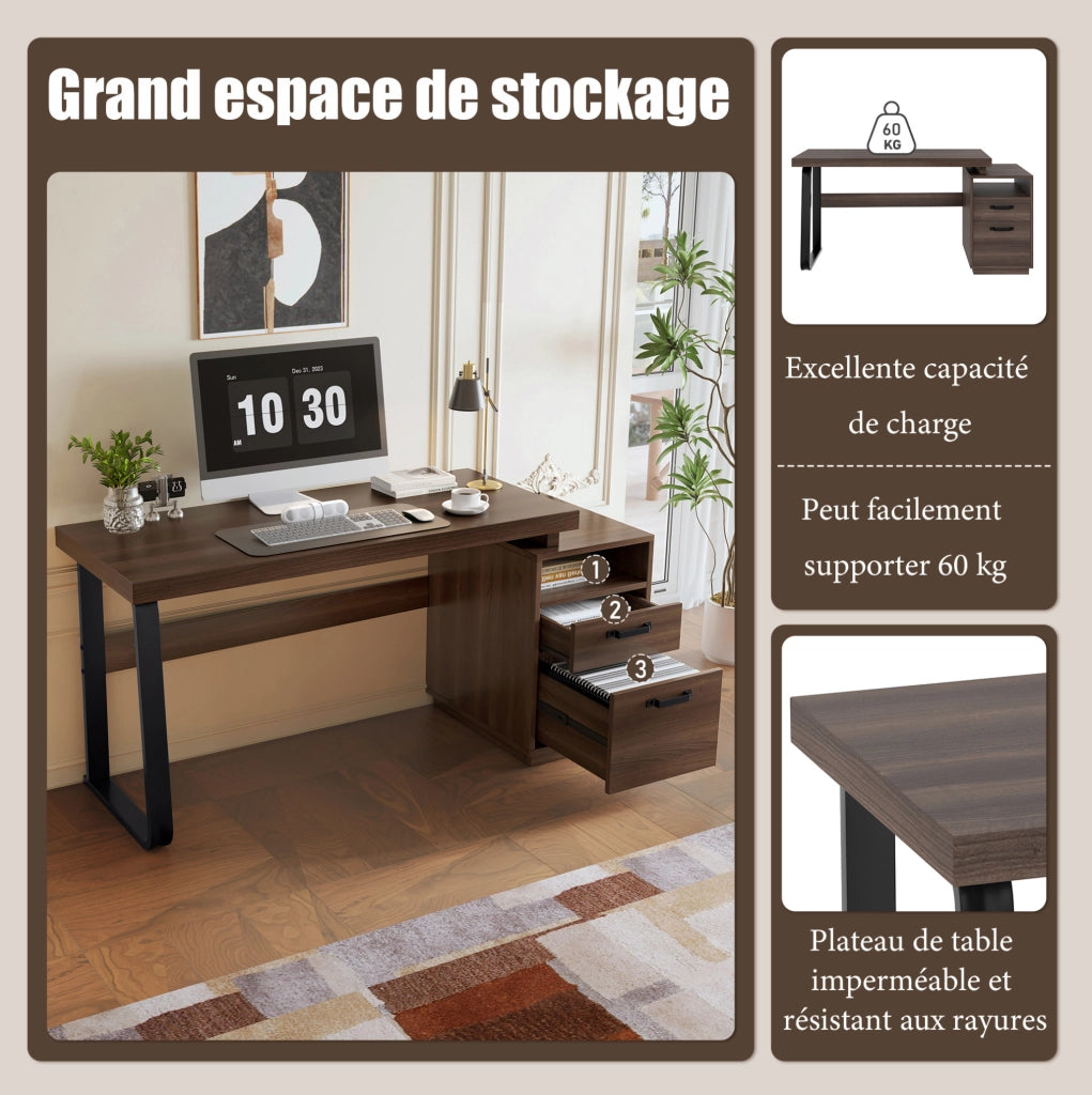 Scrivania moderna 135x54 cm in MDF con struttura in tubi d'acciaio, design multifunzionale con cassetto silenzioso e spazio porta documenti, colore marrone