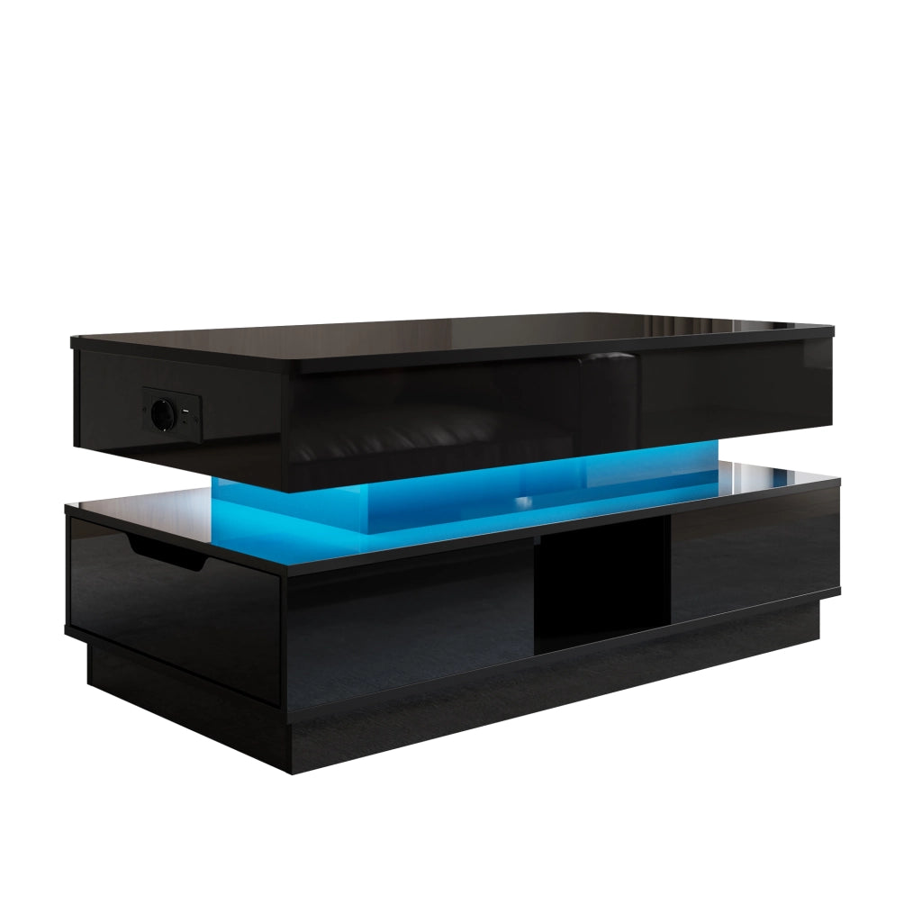 Tavolino da caffè alzabile con 1 cassetto, vani aperti, presa integrata e LED, in MDF nero, 90 × 48 × 42.5 cm